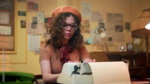 vintage-clad woman in a retro office types on an old typewriter. She writes poems or stories in her cozy home office, surrounded by books. Stock Video