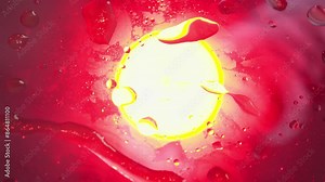 Artistic footage showcasing a bright red light viewed through a wet glass surface, creating abstract patterns and reflections.