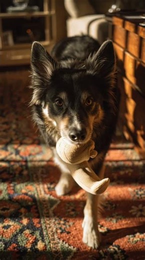 Sunlight glows as my pup trots up, wagging, clutching my old sock—pure love in every step.
