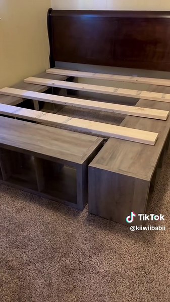 Our diy cube storage bed using out original headboard we will paint la...