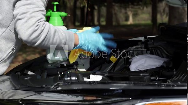 Car cleaning and car wash from road dust. Interior engine compartment detailing. Dry clean and detail with cloth. The driver is wiping an automobile under hood with a rag. Maintenance concept.