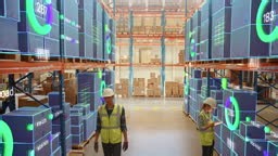 Workers Managing Inventory at Logistics Center. Holographic Data...