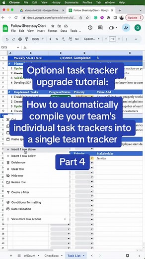 Partal 4- Optional task tracker upgrade: Automatically compile your teams individual task trackers into a single team tracker using the custom task tracker that I use to stay organized at work! #optionalupgrade #alternatingcolors #createwithme #tasktracker #organized #customtracker #work #forgetful #worksmarternotharder #googlesheetstutorial #googlesheetstips #learngooglesheets #googlesheets #gsheets #data #excel #spreadsheet #LearnOnTikTok #tutorial #teamwork #teamworkmakesthedreamwork #templat