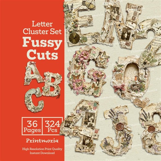 Shabby Chic Lether Cluster Set Fussy Cuts: Junk Journal Ephemera Kit, Vintage Number, Retro Floral Letters (digital Instant Download) - Etsy