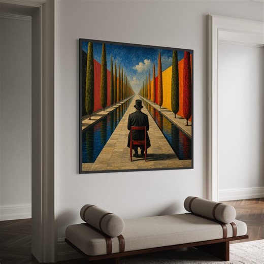 Surreal Perspective Pathway Canvas, Man Sitting Chair Art, Modern Landscape Wall Decor, Reflective Water Canal Painting, Canvas Print Art - Etsy