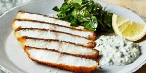 JOSH NILAND’S CRUMBED AQUNA MURRAY COD, YOGHURT TARTARE SAUCE AND HERB SALAD