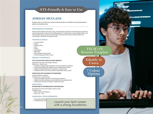Tech Resume Template | Junior Developer CV | Entry Level It Resume | Software Developer Resume | Canva Template - Etsy