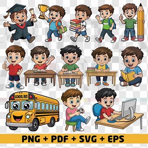 School Cartoon Clipart Bundle | Kids Education Illustrations (png Svg Eps Pdf) - Etsy