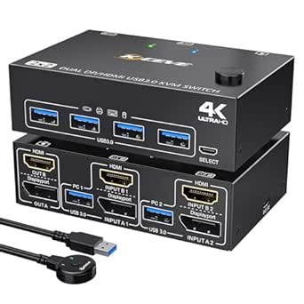 Dual Monitor KVM Switch 4K@60Hz HDMI+DP USB 3.0 Switch Extended Display 2 Monitors 2 Computers KVM with USB 3.0 Cables Wired Controller