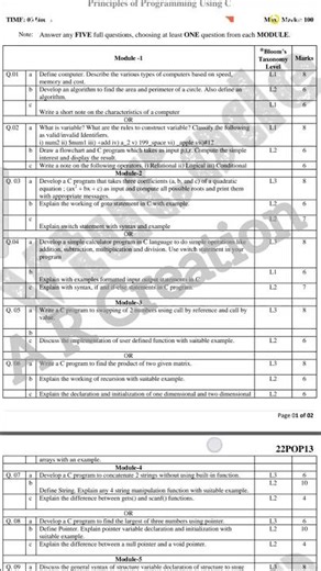 💥1st YEAR PRINCIPLES OF PROGRAMING USING C MODEL QUESTION PAPER || BPOPS206 #vtu #viral #pop
