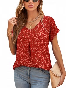 Uvplove Summer Blouses for Women Elegant Casual V Neck Chiffon Blouses Tops Shirts,Flower Navy Red,XL
