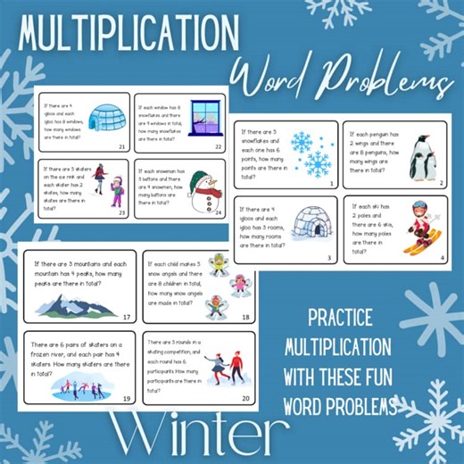 Winter Multiplication Word Problems Task Cards, Seasonal Math Centers