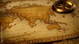 Discover a vintage world map with an antiquated compass placed on top, highlighting historical navigation tools, Animation of a vintage world map with antiquated compass, AI Generated