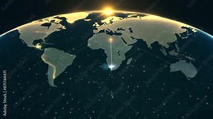 A detailed network map with luminous dots representing interconnected data centers across the globe
