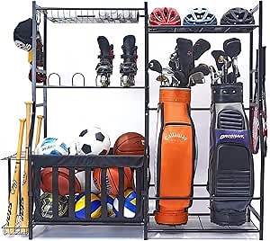 WALMANN Garage Sports Equipment Organizer, Golf Bag Stand for Garage Ball Storage Rack Indoor/Outdoor Kids Toys Storage Organizer Bins, Ball Holder with Baskets