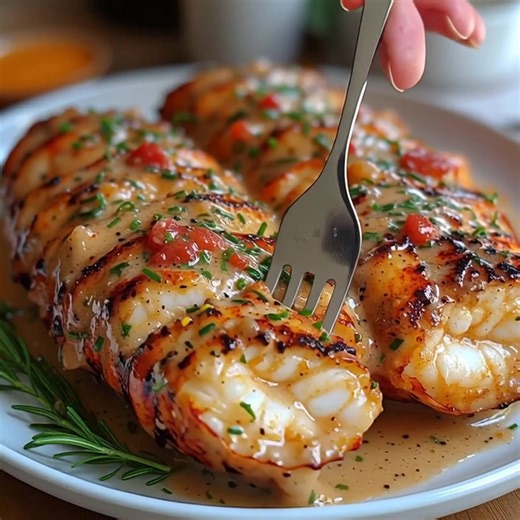 🦞 Creamy Garlic Butter Lobster Tails 🍷 Rich, elegant, and flavorful — the best gourmet seafood dinner! 📝 Ingredients: 2 large lobster tails (about 6–8 oz each) 4 tbsp unsalted butter 2 cloves garlic, minced ¼ cup heavy cream 1 tsp lemon juice ½ tsp paprika 1 tbsp fresh chives, finely chopped 1 tbsp diced tomato (for garnish) Salt and black pepper, to taste Optional: pinch of red pepper flakes for a little heat 🍴 How to prepare it: 1️⃣ Prepare the Lobster Tails: Cut the top shell lengthwise a
