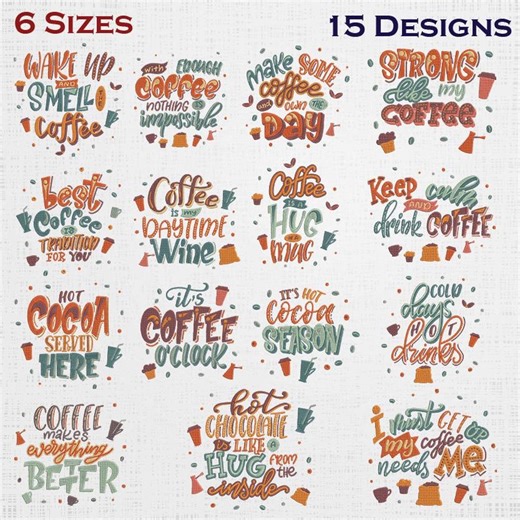 Coffee Quotes Set Embroidery - Cafe Modern Sayings Pattern - Exclusive Coffee Machine File - 6 Sizes 15 Designs - Etsy