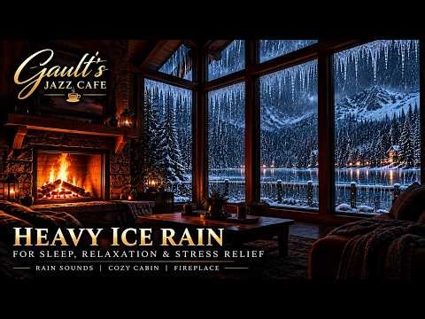 Heavy Freezing Rain & Fireplace Sounds ❄️🌧️ | Cozy Winter Cabin for Deep Sleep