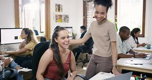Happy creative people, laptop and high five for teamwork, success or achievement at office. Excited business woman and colleague touching hands on computer for team, good job or winning at workplace