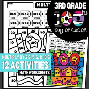 100th Day of School Color-by-Skill Multiplication | Multiply by 2s, 5s, 10s