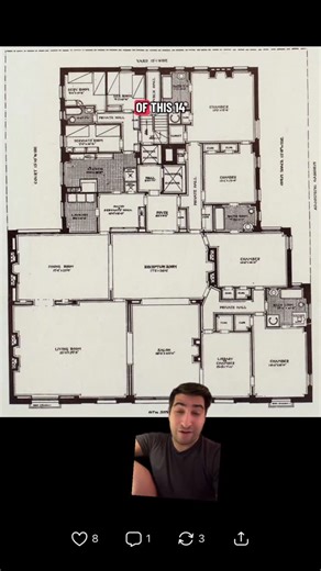 Robert Khederian on Instagram: "14 rooms and 5 fireplaces! I do a full analysis of this layout in my newsletter (🔗 in bio) but what do you think — where’s the primary bedroom? In the back with the fireplace or in the front with access to the library and largest bathroom? I could see cases for either! #prewar #nychistory #nyapartments #uppereastsidenyc"
