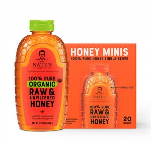 Nature Nate's Honey Minis: 100% Pure Raw and Unfiltered Honey - 20 Single Serve Packets, Gluten-Free with Nature Nate’s Organic Raw Honey, 32 Oz
