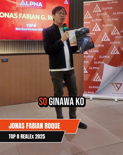 1.2K views · 14 shares | Learn from the top! Watch as Jonas Fabian Roque reveals the keys to how he topped the REA board exam. We are so proud of your achievement and very grateful you chose ALPHA as your review center! #AlphaReviewCenter #PangMalakasan #bastaalphapangmalakasan | ALPHA Review Center | Facebook