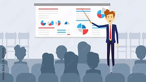 2d Animated Cartoon Businessman Presenting Stats Graphs At Conference Meeting Explaining With Pointing Stick.