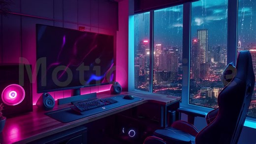 Animated Background, Home Studio Streamer, Neon Stream Room, Night City, Gaming PC, Rain Outside, Twitch Stream Zoom Vtuber Background - Etsy