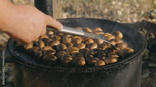 Roasting chestnuts using a traditional setup, showcasing unique outdoor cooking techniques and methods