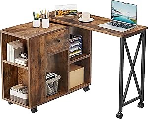 YITAHOME 360°Rotating Sofa Side Table with Drawers, Mobile Couch Desk with 5 Storage Shelves, Movable Laptop Table with Sturdy Metal Frame and Wheels for Home Office