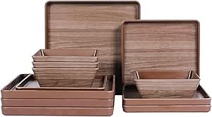 Melamine Dinnerware Sets, Square Plates and Bowls Sets,12pcs Dish Sets for 4, Indoor and Outdoor Use,Brown Wooden Pattern