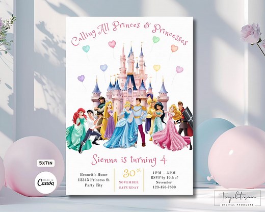 Editable Princes & Princesses Invitation, Royal Princess Any Age Birthday Invite, Girl Princess Birthday Theme, Princess Party Invitation - Etsy