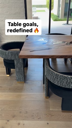 Masterpiece Dining Setup | Live Edge Elegance Meets Custom Comfort #liveedge #customfurniture #interiorinspo #woodart #homeremodel | Brick and Mortarless Furniture