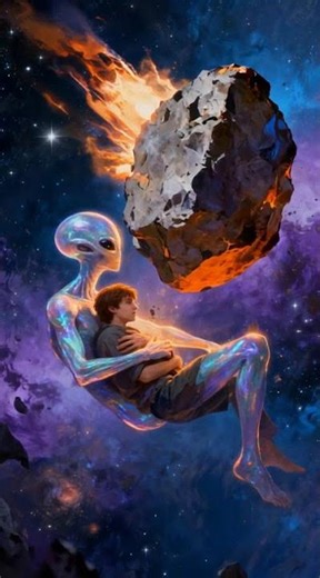 Alien saving human from asteroid impact, painterly cosmic art, saving.
