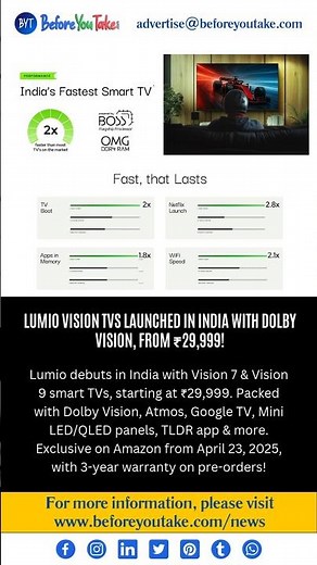 Lumio Vision 9 & Vision 7 4K TVs Launched in India with Dolby Vision, Dolby Atmos, Google TV #tech