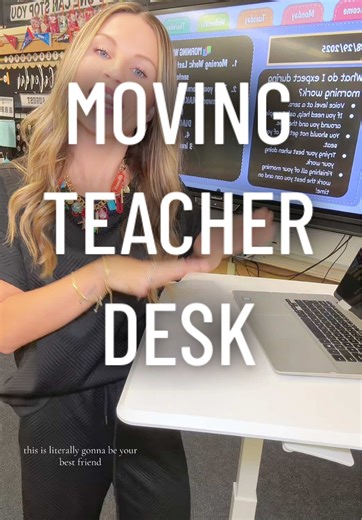 This adjustable moving teacher desk is a must have for me in my classroom. I love to move around while I’m teaching, and the fact that this desk can move around with me is perfect. ##teacher##teachermusthaves##standingdesk##desk##desksetup