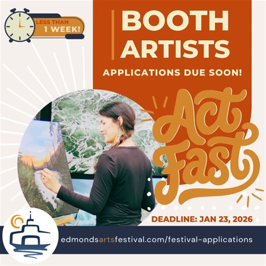 Less than a week left before the application for the 2026 booth artists closes - have you applied yet? Hurry! https://www.edmondsartsfestival.com/festival-applications #edmondsartsfestival #art #eaff #edmondsartsfestivalfoundation #edmondswa #artfestivals #eaf2026 #artfairs #seattleartists #PNWartists | Edmonds Arts Festival