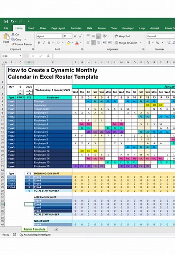 Create a Dynamic Monthly Calendar in Excel Roster