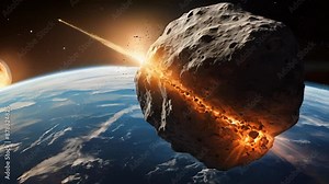 dramatic scene depicting massive asteroid heading towards Earth with a fiery trail, captured from space. The potentially catastrophic event, emphasizing the power and danger of celestial objects Stock Video