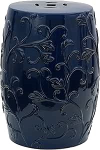 Red Lantern 18" Dark Blue Carved Flowers Porcelain Garden Stool