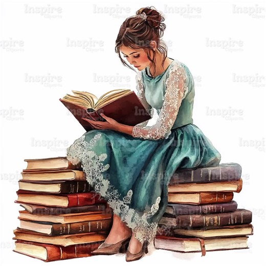 15 Girl With Book Stack Clipart: Literary Art, Watercolor Style (jpgs) - Etsy