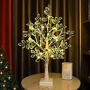 24 LED Artificial Tree Lamp, Lighted Trees for Indoor Decor USB/Battery Powered with Timer, DIY Green Leaves Light Up Tree Fairy Spirit for Table Home Bedroom Spring Decoration