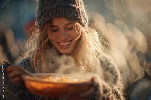 Young unemployed woman eating hot soup made for needy and homeless people in a big city in winter
