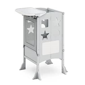 Guidecraft Kitchen Helper® Toddler Tower and Mealtime and Play Tray Bundle: Classic Gray Folding, Adjustable Step Stool with Keepers, Non-Slip Mat and Easy to Clean, Detachable Tray Table