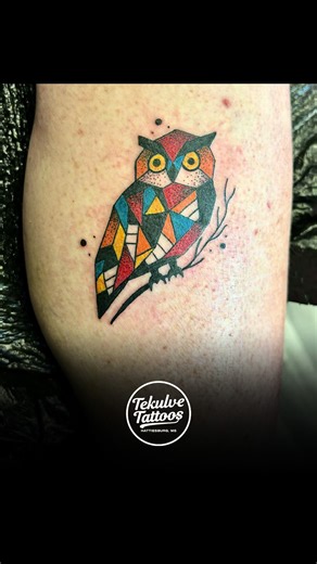 Had a blast doing this bold and colorful geometric owl tattoo for my client the other day! My client has a special connection to owls and wanted a custom design to represent that. Thank you for allowing me to do this! 🦉 #owltattoo #geometrictattoo #colortattoo #hattiesburg #mississippi