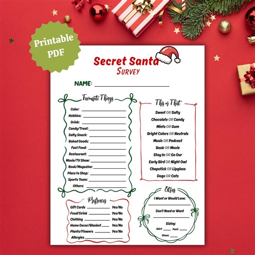 Secret Santa Survey Printable – Fun Christmas Gift Exchange Questionnaire for Work, Friends & Family Parties - Etsy UK