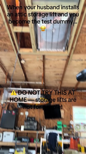 Chad installed an attic lift to make getting things into storage a whole lot easier… Chad: Engineer & lift operator 🛠️ Charlee: Camera crew 🎥 Me: Apparently the test dummy 😂 Just another day of family shenanigans at our house! 🤍 ⚠️ Seriously, DO NOT try this at home! Cargo lifts are not designed to transport people, and riding one can cause serious injury. #LinziLately #DIYHusband #MarriageHumor #FamilyShenanigans #GarageOrganization