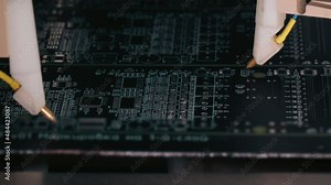 Production of electronic circuit boards. Modern digital technological production of motherboards on CNC machine. Close-up of robotic equipment in high-tech production. PCB assembly