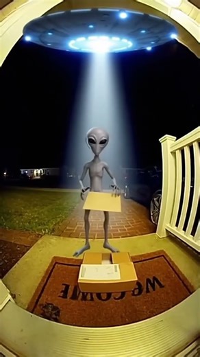 Grey Alien with UFO Steals a Package Caught on Camera